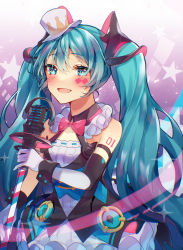 Rule 34 | 1girl, :d, aryuma772, blue eyes, blue hair, blush, bow, bowtie, collarbone, dress, elbow gloves, floating hair, gloves, hair between eyes, hat, hatsune miku, highres, holding, holding microphone, long hair, magical mirai miku, magical mirai miku (2019), microphone, microphone stand, mini hat, open mouth, pink bow, pink bowtie, short dress, sleeveless, sleeveless dress, smile, solo, standing, twintails, very long hair, vocaloid, white gloves, white hat