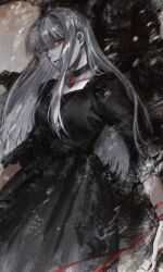 Rule 34 | 1girl, black choker, black dress, check copyright, choker, commission, copyright request, dress, expressionless, grey hair, highres, long hair, looking at viewer, machihazure, original, red eyes, red ribbon, ribbon, solo, upper body, wrist ribbon