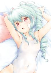Rule 34 | 1girl, :d, armpits, arms up, bare arms, bare shoulders, bed sheet, blue hair, breasts, collarbone, covered navel, drill hair, galaxy angel, highres, light blue hair, looking at viewer, lying, normad, on back, one-piece swimsuit, open mouth, pink eyes, ponytail, shimamoto (natsuki), small breasts, smile, solo, swimsuit, vanilla h, white one-piece swimsuit