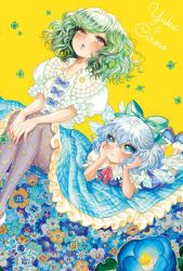 Rule 34 | 2girls, adapted costume, alternate color, alternate costume, blue dress, blue eyes, blue hair, blush, bow, bowtie, character name, cirno, clover, dated, dress, floral print, flower, four-leaf clover, frills, green hair, hair bow, hair ornament, hair ribbon, ice, ice wings, jpeg artifacts, kazami yuuka, legs up, looking at another, lying, md5 mismatch, multiple girls, on stomach, open mouth, pansy, pantyhose, plaid, plaid skirt, print legwear, puffy sleeves, red eyes, resized, resolution mismatch, ribbon, shirt, short hair, short sleeves, simple background, sitting, skirt, source larger, takatora, touhou, vest, wings, yellow background