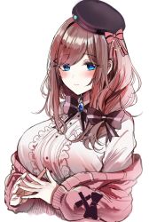 Rule 34 | 1girl, blue eyes, blush, bow, breasts, brown hair, cardigan, center frills, closed mouth, collared shirt, commentary request, dress shirt, fingers together, frills, hair bow, hair ornament, hat, hat pin, highres, large breasts, long hair, nijisanji, off shoulder, pink cardigan, pink sweater, sak (lemondisk), shirt, sidelocks, simple background, solo, striped, striped bow, suzuhara lulu, sweater, swept bangs, virtual youtuber, white background, white shirt, x hair ornament