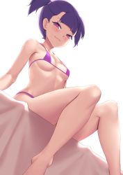 Rule 34 | 1girl, areola slip, bare legs, bare shoulders, bikini, breasts, closed mouth, fang, highres, jilu, looking at viewer, micro bikini, original, pink eyes, purple bikini, purple hair, short hair, short twintails, simple background, sitting, skin fang, small breasts, solo, string bikini, swimsuit, twintails, white background