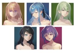 5girls absurdres aqua_eyes ave_mujica_(bang_dream!) bang_dream! bang_dream!_it&#039;s_mygo!!!!! black_hair black_ribbon blonde_hair blue_hair chinese_commentary collarbone commentary_request green_hair hair_ribbon highres long_hair medium_hair misumi_uika mixed-language_commentary multiple_girls nude outside_border parted_lips portrait purple_eyes purple_hair red_eyes ribbon short_hair togawa_sakiko tongue tongue_out trileo405 wakaba_mutsumi yahata_umiri yellow_eyes yuutenji_nyamu