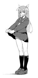 Rule 34 | 10s, 1girl, :d, alternate costume, black serafuku, clothes lift, fang, greyscale, i-19 (kancolle), kantai collection, kneehighs, lifted by self, long hair, long sleeves, monochrome, nathaniel pennel, neckerchief, open mouth, pleated skirt, sailor collar, school uniform, serafuku, shoes, simple background, skirt, skirt lift, smile, socks, solo, star-shaped pupils, star (symbol), swimsuit, swimsuit under clothes, symbol-shaped pupils, tri tails, white background