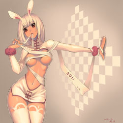 Rule 34 | 10s, 1girl, 2011, against wall, animal ears, bad id, bad pixiv id, breasts, chinese clothes, contrapposto, covered erect nipples, fiodo, medium breasts, midriff, mouth hold, navel, new year, original, rabbit ears, red eyes, solo, standing, thighhighs, wall, white hair, white thighhighs