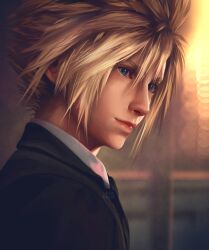 Rule 34 | 1boy, absurdres, alternate costume, artist name, black jacket, blonde hair, blue eyes, blurry, blurry background, closed mouth, cloud strife, collared shirt, commentary, english commentary, final fantasy, final fantasy vii, final fantasy vii remake, formal, from side, hair between eyes, highres, jacket, lips, looking to the side, male focus, realistic, safaia, shirt, short hair, solo, spiked hair, upper body, white shirt