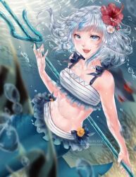 Rule 34 | 1girl, air bubble, artist name, bikini, bloop (gawr gura), blue hair, blurry, breasts, bubble, chanti (chantilin), cleavage, clip studio paint (medium), commentary, depth of field, english commentary, fish, flower, gawr gura, grey hair, hair flower, hair ornament, highres, holding trident, hololive, hololive english, light rays, mermaid, monster girl, motion blur, navel, open mouth, shark, shark hair ornament, sharp teeth, small breasts, smile, solo, striped bikini, striped clothes, swimsuit, teeth, underwater, virtual youtuber, watermark