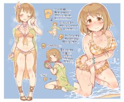 Rule 34 | 1girl, 7010, :d, ^ ^, barefoot, bendy straw, bikini, blush, bracelet, breasts, brown eyes, brown hair, checkered bikini, checkered clothes, cleavage, closed eyes, coconut, collarbone, commentary request, drinking straw, closed eyes, flower, frilled bikini, frills, front-tie bikini top, front-tie top, fruit cup, gluteal fold, hair flower, hair ornament, idolmaster, idolmaster cinderella girls, jewelry, large breasts, mimura kanako, navel, necklace, open mouth, orange bikini, p-head producer, plump, producer (idolmaster), sandals, sarong, shawl, short hair, smile, swimsuit, thigh gap, towel, translation request, water, wet