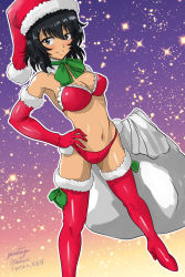 Rule 34 | 1girl, alternate costume, andou (girls und panzer), artist name, bikini, black hair, blush, boots, breasts, brown eyes, christmas, cleavage, closed mouth, commentary, dark-skinned female, dark skin, detached collar, dutch angle, elbow gloves, footwear bow, frilled bikini, frills, full body, fur-trimmed footwear, fur-trimmed gloves, fur trim, girls und panzer, gloves, gradient sky, hand on own hip, hat, high collar, high heel boots, high heels, light smile, looking at viewer, matsui yasutsugu, medium breasts, medium hair, messy hair, navel, neck ribbon, night, night sky, one-hour drawing challenge, orange sky, outline, oversized object, purple sky, red bikini, red footwear, red gloves, red hat, ribbon, sack, santa costume, santa hat, signature, skindentation, sky, solo, standing, star (sky), starry sky, swimsuit, thigh boots, thighhighs, white outline