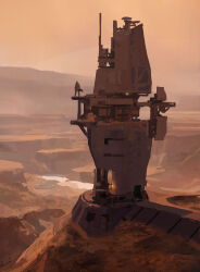 Rule 34 | 1other, absurdres, building, bunker, canyon, cloak, highres, landscape, mark zhang, mars (planet), original, red sky, scenery, science fiction, sky