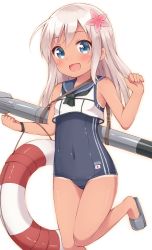 Rule 34 | 10s, 1girl, blue eyes, covered navel, customer (carrack), flower, hair flower, hair ornament, kantai collection, lifebuoy, long hair, one-piece swimsuit, one-piece tan, ro-500 (kancolle), school uniform, serafuku, silver hair, simple background, solo, swim ring, swimsuit, swimsuit under clothes, tan, tanline, thighs, torpedo, white background