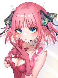 Rule 34 | :o, aibon, blue eyes, blush, breasts, breasts squeezed together, butterfly hair ornament, cleavage, collarbone, dress, gloves, go-toubun no hanayome, hair ornament, headset, highres, idol, medium breasts, microphone, nakano nino, own hands together, pink dress, pink gloves, pink hair, short hair, upper body