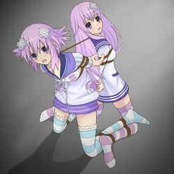 Rule 34 | 10s, 2girls, bdsm, blush, bondage, bound, bound together, collar, d-pad, femuto, gag, hair ornament, incest, linked collar, long hair, looking at viewer, multiple girls, nepgear, neptune (neptunia), neptune (series), open mouth, purple eyes, purple hair, restrained, rope, shibari, short hair, siblings, striped clothes, striped legwear, striped thighhighs, thighhighs