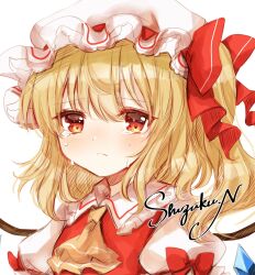 Rule 34 | 1girl, artist name, ascot, blonde hair, breasts, closed mouth, crying, crying with eyes open, crystal, flandre scarlet, frilled shirt collar, frills, frown, hair between eyes, hat, hat ribbon, highres, looking at viewer, medium hair, mob cap, nagisa shizuku, one side up, puffy short sleeves, puffy sleeves, red eyes, red ribbon, red vest, ribbon, shirt, short sleeves, simple background, small breasts, solo, tears, touhou, upper body, vest, white background, white hat, white shirt, wings, yellow ascot