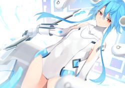 Rule 34 | 1girl, annoyed, axe, bare shoulders, blue hair, buran buta, covered navel, cowboy shot, elbow gloves, frown, gloves, hair between eyes, headgear, highres, holding, holding axe, leotard, looking at viewer, neptune (series), power symbol, power symbol-shaped pupils, red eyes, short hair with long locks, skin tight, solo, symbol-shaped pupils, white gloves, white heart (neptunia), white leotard, wings