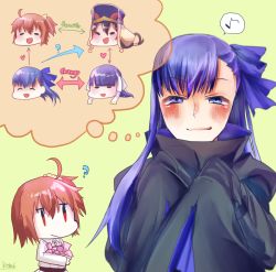 Rule 34 | 2girls, ?, ahoge, akaji (alpha0107), arrow (symbol), asymmetrical bangs, black hair, blue eyes, blue ribbon, blush, chibi, closed eyes, english text, fate/grand order, fate (series), fujimaru ritsuka (female), hair between eyes, hair ribbon, hands in opposite sleeves, hat, heart, holding, imagining, long hair, long sleeves, looking at another, martha (fate), meltryllis (fate), multiple girls, musical note, open mouth, orange eyes, orange hair, poorly drawn, purple hair, quaver, relationship graph, ribbon, scrunchie, sleeves past wrists, smile, spoken musical note, thought bubble, upper body, white ribbon, xuangzang sanzang (fate), yellow background, | |
