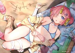 Rule 34 | 1girl, absurdres, arm warmers, bandaged arm, bandaged leg, bandages, bare shoulders, beach, beach towel, bikini, blue bikini, blue eyes, breasts, day, double bun, eyes visible through hair, fate/apocrypha, fate/grand order, fate (series), frankenstein&#039;s monster (fate), frankenstein&#039;s monster (swimsuit saber) (fate), frankenstein&#039;s monster (swimsuit saber) (first ascension) (fate), from above, full body, hair bun, hair ornament, hair over one eye, hairpin, highres, horns, looking at viewer, lying, navel, on back, outdoors, pink hair, sand, sand writing, sandals, unworn sandals, scan, short hair, single horn, small breasts, solo, stomach, swimsuit, thighs, toeless legwear, towel, umakuchi shouyu, water gun