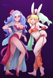 Rule 34 | 2girls, absurdres, blonde hair, blue hair, breasts, brown eyes, carrot (one piece), cleavage, closed eyes, closed mouth, dancer, facing viewer, full body, furry, furry female, highres, long hair, looking at viewer, medium breasts, multiple girls, nefertari vivi, no shoes, one piece, open mouth, rabbit ears, red footwear, short hair, standing, tagme, twitter username, white fur