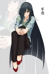 Rule 34 | 10s, 1girl, black hair, black pants, brown eyes, casual, collared shirt, enoshito, full body, hair over one eye, hands on knee, hayashimo (kancolle), highres, kantai collection, long hair, looking at viewer, aged up, pants, red footwear, shirt, shoes, smile, solo, very long hair, white background, zoom layer