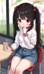 Rule 34 | 1girl, black hair, blue shorts, blush, breasts, choker, closed mouth, coffee cup, commentary, comodomodo, cup, denim, denim shorts, disposable cup, english commentary, feet out of frame, hair bobbles, hair ornament, highres, long sleeves, looking at viewer, lulla (comodomodo), original, puffy long sleeves, puffy sleeves, red choker, red eyes, shirt, short shorts, shorts, sitting, small breasts, solo, textless version, twintails, white shirt
