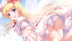 Rule 34 | 1girl, :d, blonde hair, blue eyes, blue sky, capelet, cherry blossoms, cloud, day, dress, fairy wings, from below, hair ribbon, hat, highres, lily white, long hair, long sleeves, looking at viewer, lzh, open mouth, outdoors, outstretched arm, panties, petals, red neckwear, red ribbon, ribbon, sky, smile, solo, touhou, underwear, upskirt, very long hair, white capelet, white dress, white panties, wings
