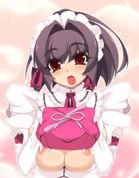 Rule 34 | 1girl, akatsuki alut, blush, breasts, brown hair, elbow gloves, frills, gloves, highres, huge breasts, inverted nipples, large breasts, maid, maid headdress, mel/a, nipples, bento, open clothes, original, puffy nipples, red eyes, saionji mikoto, solo