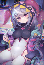 Rule 34 | 1girl, breasts, chair, closed mouth, commentary request, controller, covered navel, crotch zipper, game controller, grey hair, hair between eyes, head tilt, highres, holding, hood, hood up, indoors, jacket, keyboard (computer), leotard, medium breasts, monitor, multicolored hair, off shoulder, office chair, on chair, open clothes, open jacket, original, pink jacket, purple eyes, saebashi, smile, solo, streaked hair, swivel chair, tentacles, white hair, white leotard, zipper