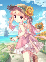 Rule 34 | 1girl, :d, absurdres, animal, bare shoulders, bird, bloomers, blue sky, blush, bobby socks, brown footwear, child, cloud, clover, commentary request, criss-cross halter, day, dog, dress, fantasy, flower, four-leaf clover, hair between eyes, halterneck, hat, hat flower, highres, holding, holding flower, kankurou, light brown hair, long hair, looking at viewer, looking back, moe2018, ocean, open mouth, original, outdoors, outstretched arm, pink dress, purple eyes, shoes, sky, smile, socks, solo, standing, standing on one leg, strap slip, straw hat, summer, sunflower, twintails, underwear, water, white bloomers, white flower, white socks, yellow flower