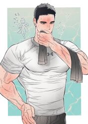 Rule 34 | 1boy, bara, beware the ides of march, black hair, black pants, chlthd 990, hand on own hip, highres, holding, holding towel, large pectorals, male focus, muscular, muscular male, pants, park mok-hwa, pectorals, short hair, solo, sweat, towel, under armour, veins, veiny arms