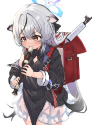 Rule 34 | 1girl, absurdres, animal ear fluff, animal ears, backpack, bag, black dress, blue archive, blush, commentary request, cowboy shot, dress, flute, gradient hair, grey hair, halo, highres, holding flute, holding instrument, instrument, kokona (blue archive), long hair, long sleeves, multicolored hair, music, playing instrument, randoseru, recorder, samgo, simple background, solo, streaked hair, white background