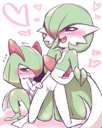 Rule 34 | 2girls, anus, ass, bent over, creatures (company), embarrassed, fang, from behind, full body, game freak, gardevoir, gen 3 pokemon, green hair, hair over one eye, half-closed eyes, hand to own mouth, hand up, heart, heart-shaped pupils, highres, kirlia, kneeling, legs apart, lifted by self, looking at viewer, looking back, multiple girls, negoya, nintendo, open mouth, pokemon, pokemon (creature), pokemon rse, presenting, pussy, red eyes, short hair, simple background, smile, symbol-shaped pupils, teeth, uncensored, white background