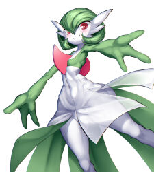 Rule 34 | 1girl, blush, bob cut, breasts, closed mouth, collarbone, colored skin, creatures (company), female focus, game freak, gardevoir, gen 3 pokemon, gluteal fold, green hair, green skin, hair between eyes, happy, highres, incoming hug, kawahagi-tei, legs apart, looking at viewer, multicolored skin, navel, nintendo, outstretched arms, pokemon, pokemon (creature), pussy, red eyes, see-through, short hair, simple background, small breasts, smile, solo, split mouth, spread arms, spread fingers, standing, stomach, thighs, two-tone skin, white background, white skin, wide hips