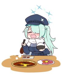 Rule 34 | 1girl, black jacket, blue archive, blue hair, blue hat, blush, bowl, breasts, cabbie hat, chopsticks, closed eyes, facing viewer, food, hair over one eye, halo, harada (sansei rain), hat, hiyori (blue archive), holding, holding bowl, holding chopsticks, jacket, long hair, meat, medium breasts, open mouth, plate, rice, rice bowl, scarf, simple background, solo, tears, transparent background, very long hair, wavy mouth, white scarf, yakiniku