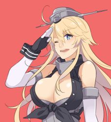Rule 34 | 10s, 1girl, blonde hair, blue eyes, breasts, cleavage, elbow gloves, fingerless gloves, front-tie top, gloves, headgear, iowa (kancolle), kantai collection, large breasts, long hair, one eye closed, salute, solo, star-shaped pupils, star (symbol), symbol-shaped pupils, yukko0930