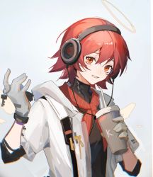 Rule 34 | 1girl, arknights, black shirt, cup, detached wings, disposable cup, drinking straw, energy wings, exusiai (arknights), exusiai (city rider) (arknights), gloves, grey background, grey gloves, hair between eyes, halo, hands up, headphones, highres, holding, holding cup, jacket, key, charm (object), looking at viewer, neckerchief, official alternate costume, parted lips, red eyes, red hair, red neckerchief, shirt, short hair, simple background, sleeves past elbows, smile, solo, upper body, white jacket, wings, ziliang inori