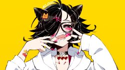 Rule 34 | 1girl, bandaid, black choker, black hair, black nails, brown eyes, choker, collarbone, commentary, cone hair bun, drooling, facial mark, fingernails, glasses, hair bun, hair ornament, hair over one eye, hairclip, heart, heart choker, heart in mouth, highres, hood, hoodie, jewelry, long fingernails, looking at viewer, multicolored nails, nail polish, one eye covered, open mouth, original, pink nails, ring, short hair, simple background, sleeves past wrists, solo, symbol-shaped pupils, teeth, unexistarts, uni (unexistarts), upper body, white hoodie, yellow background