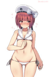 Rule 34 | 10s, 1girl, 3:, 3:&lt;, :|, bikini, blush, breasts, brown eyes, brown hair, closed mouth, clothes writing, flying sweatdrops, gluteal fold, groin, hat, highres, kantai collection, looking back, lowleg, lowleg bikini, navel, sailor bikini, sailor collar, sailor hat, short hair, side-tie bikini bottom, small breasts, solo, standing, suzuki toto, swimsuit, v-shaped eyebrows, white bikini, white hat, z3 max schultz (kancolle)