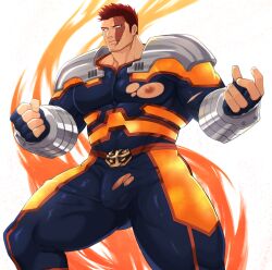 Rule 34 | 1boy, absurdres, bara, blue bodysuit, bodysuit, boku no hero academia, bulge, covered abs, endeavor (boku no hero academia), facial hair, fire, harada (basashi), highres, mature male, muscular, muscular male, non-web source, scar, scar across eye, scar on face, spiked hair, stubble, thick thighs, thighs