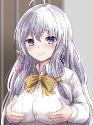 Rule 34 | 1girl, absurdres, ahoge, blue eyes, blurry, blurry background, blush, bow, braid, breast padding, breasts, c:, closed mouth, collared shirt, commentary, dress shirt, elaina (majo no tabitabi), eyes visible through hair, fingernails, grabbing own breast, grey hair, hair between eyes, hair bow, highres, impossible clothes, indoors, izuminomitsuba, large breasts, long hair, long sleeves, looking at viewer, low-tied long hair, majo no tabitabi, pink bow, shirt, sidelocks, single braid, smile, smug, solo, straight hair, tsurime, upper body, white shirt, yellow bow
