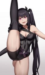 Rule 34 | 1girl, architect (girls&#039; frontline), asymmetrical clothes, black hair, cero (last2stage), commentary request, cowboy shot, girls&#039; frontline, grin, highres, hip vent, korean commentary, leg up, long hair, one side up, pink eyes, pinstripe pattern, smile, solo, split, standing, standing on one leg, standing split, striped, thighhighs, very long hair, white background