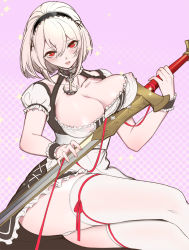 Rule 34 | 1girl, anchor, au11, azur lane, blush, breasts, choker, cleavage, collarbone, covered erect nipples, crossed legs, eyebrows, hair between eyes, hairband, head tilt, holding, holding sword, holding weapon, lace-trimmed cuffs, lace-trimmed hairband, lace trim, large breasts, lips, looking at viewer, panties, parted lips, puffy sleeves, red eyes, ribbon, short sleeves, sidelocks, sirius (azur lane), sitting, solo, sparkle, sword, thighhighs, thighs, underwear, weapon, white hair, white panties, white thighhighs, wrist cuffs
