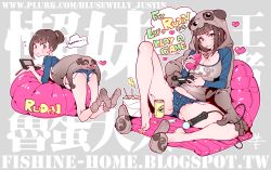 Rule 34 | 2girls, :3, animal hood, artist name, ass, bag, bare legs, barefoot, bean bag chair, black hair, black legwear, blue shorts, blunt bangs, blush stickers, borrowed character, breasts, brown eyes, brown hair, buttons, cable, can, chips (food), chopsticks, cleavage, denim, denim shorts, drinking straw, eyebrows, eyelashes, feet, fishine, flying sweatdrops, food, food on face, full body, game console, grey background, head tilt, heart, high ponytail, holding, hood, inflatable chair, juice box, lanmei, large breasts, long hair, long sleeves, looking at viewer, lying, midriff peek, multiple girls, navel, no shoes, on stomach, original, panties, paper bag, pinky out, playing games, pocket, print shirt, raglan sleeves, shiny skin, shirt, shoe dangle, shoes, unworn shoes, short ponytail, short shorts, shorts, single shoe, skin tight, sleeves pushed up, slippers, snake, socks, speech bubble, spread legs, steam, sweatdrop, text focus, toes, underwear, upshirt, upshorts, watermark, web address, white panties