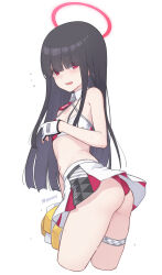 Rule 34 | 1girl, artist name, ass, black hair, blue archive, blush, cheerleader, cropped legs, dan (kumadan), detached collar, duplicate, eyes visible through hair, gloves, hair over eyes, halo, halterneck, highres, holding, holding pom poms, justice task force member (blue archive), long hair, millennium cheerleader outfit (blue archive), open mouth, pom pom (cheerleading), pom poms, red eyes, red halo, signature, simple background, skirt, solo, thigh strap, twitter username, white background, white gloves, white skirt