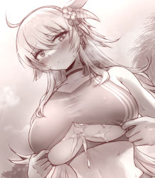 Rule 34 | 1girl, after paizuri, ahoge, bikini, blush, breasts, cleavage, closed mouth, covered erect nipples, cum, cum on body, greyscale, hair between eyes, hhh (wave), kantai collection, large breasts, long hair, monochrome, outdoors, sky, solo, sweat, swimsuit, underboob, upper body, washington (kancolle)