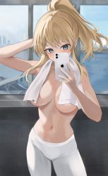 Rule 34 | 1girl, absurdres, arm behind head, arm up, blonde hair, breasts, cellphone, covered mouth, cowboy shot, genshin impact, highres, indoors, iphone, jean (genshin impact), large breasts, long hair, looking at viewer, navel, pants, phone, ponytail, selfie, smartphone, solo, standing, topless, towel, white pants, yoga pants, zeka massi