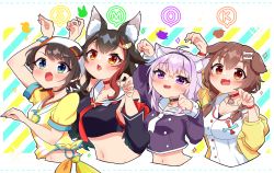 Rule 34 | 4girls, :3, :d, ahoge, animal collar, animal ears, arms up, backwards hat, bare shoulders, baseball cap, black hair, black shirt, black skirt, blue eyes, blush, bone hair ornament, bow, bracelet, braid, breasts, brown eyes, brown hair, buttons, cat ears, cat girl, cat tail, choker, classroom, claw pose, cleavage, closed eyes, closed mouth, collar, crop top, detached sleeves, dog ears, dog girl, dog tail, dress, fang, fangs, gift bag, hair between eyes, hair bow, hair ornament, hairclip, hands up, hat, headband, highres, hololive, inugami korone, inugami korone (1st costume), jacket, jewelry, large breasts, leaf, letter, long hair, long sleeves, looking at viewer, low twin braids, low twintails, midriff, moon, multicolored eyes, multiple girls, navel, necktie, nekomata okayu, nekomata okayu (casual), ookami mio, ookami mio (1st costume), oozora subaru, oozora subaru (1st costume), open mouth, paw pose, pleated skirt, ponytail, purple eyes, purple hair, red collar, rope, sailor collar, sakuramochi (sakura frappe), shimenawa, shirt, short dress, short hair, short sleeves, side slit, sidelocks, simple background, skirt, smile, solo, striped clothes, striped shirt, tail, tied shirt, twin braids, twintails, v-shaped eyebrows, vertical-striped clothes, vertical-striped shirt, virtual youtuber, white dress, white necktie, wolf ears, wolf girl, yellow jacket, yellow shirt