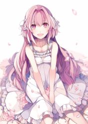Rule 34 | 1boy, astolfo (fate), bow, cherry blossoms, commentary request, dress, fang, fate/apocrypha, fate (series), frilled dress, frills, hair bow, hair down, hair intakes, hair ornament, hands on lap, highres, hiyunagi, long hair, looking at viewer, male focus, multicolored hair, open mouth, petals, pink eyes, pink hair, sitting, sleeveless, sleeveless dress, smile, solo, streaked hair, trap, white bow, white dress, white hair