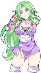 Rule 34 | 1girl, arm behind back, breasts, cleavage, closed mouth, collarbone, cowboy shot, cropped legs, enpe, fishnets, ganbare goemon, green eyes, green hair, hand up, highres, japanese clothes, large breasts, long hair, looking at viewer, low-tied long hair, simple background, smile, solo, thighs, very long hair, white background, yae (ganbare goemon)