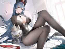 Rule 34 | 1girl, artist request, azur lane, bed sheet, black dress, blue hair, bodystocking, breasts, center opening, commentary request, copyright name, copyright notice, covered navel, dress, forked tongue, gloves, hat, horns, indoors, knees up, large breasts, long hair, looking at viewer, marco polo (azur lane), official art, on bed, pillow, red eyes, sitting, solo, stuffed toy, tongue, tongue out, white gloves, window