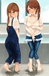 Rule 34 | 2girls, absurdres, barefoot, bathroom, bathtub, between legs, blouse, blue overalls, blue pants, blush, bra, brown eyes, brown hair, closed eyes, closed mouth, crotch grab, full body, hair between eyes, hand between legs, highres, multiple girls, noa cell, open mouth, original, overalls, pants, pee, pee stain, peeing, peeing self, puddle, see-through, shirt, side ponytail, skirts, standing, sweat, tears, tiptoes, toes, twintails, underwear, water drop, wet, wet clothes, wet pants, white shirt